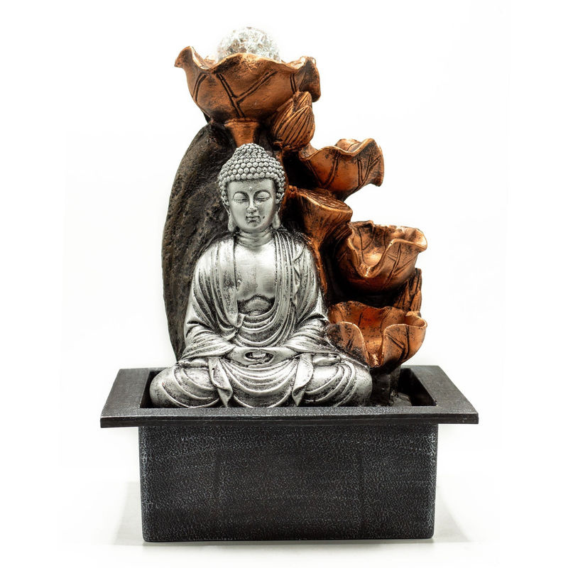 Tischwasserbrunnen SHAMTAM Buddha mit Kristallkugel in Silber und Kupfer-Bronze, Höhe: 35 cm - Bild 2