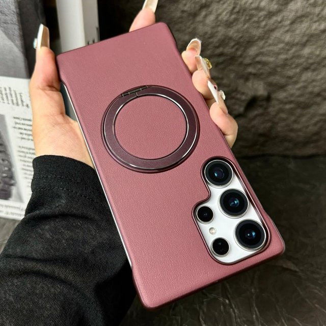Rahmenlose Leder Handyhülle mit magnetischem Ständer und MagSafe Kompatibilität für Samsung Galaxy S25 Ultra, S24 Ultra und S23 Ultra in Braun, Grau, Blau oder Pink - Bild 1