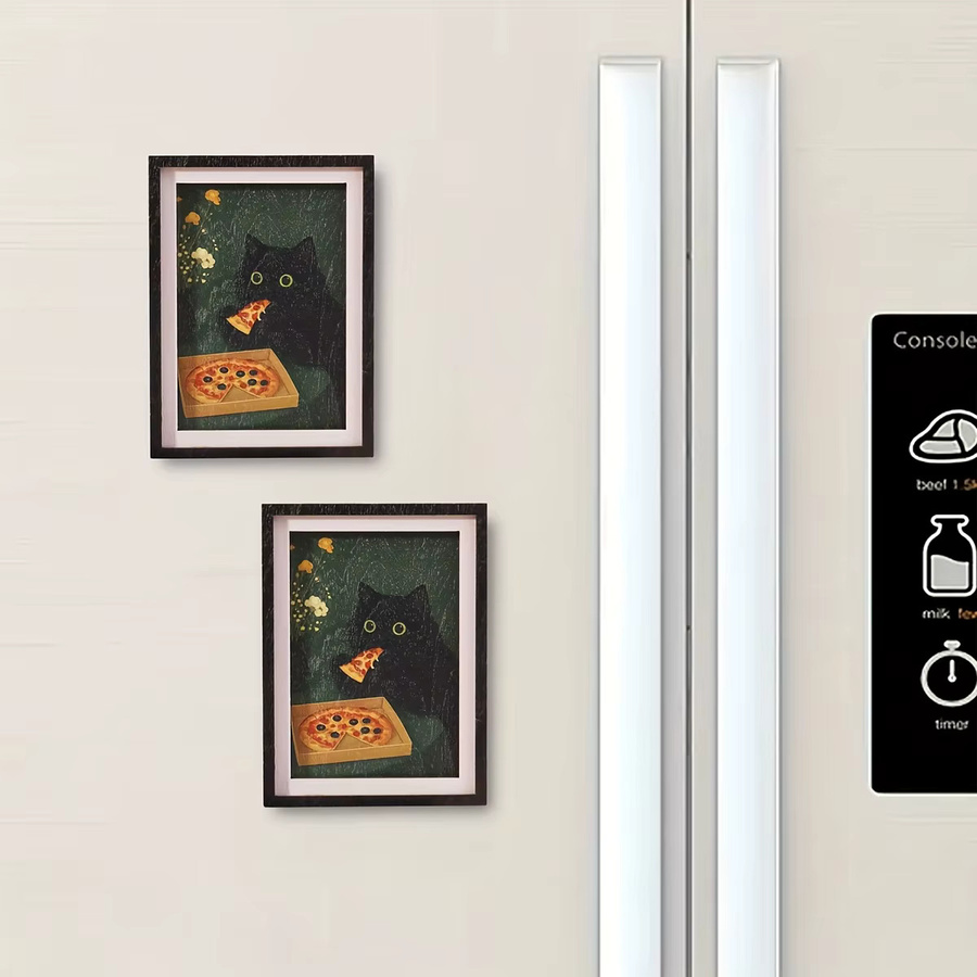 Exquisiter Mini 3-Schicht-Fotorahmen Kühlschrankmagnet mit Schwarzer Katze und Pizza-Muster in Schwarz und Multicolour aus Holz - Bild 4