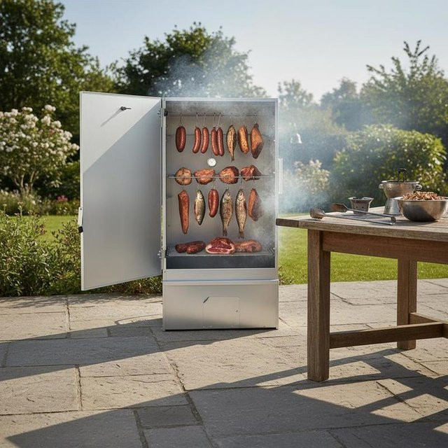 Vertikaler Räucherschrank aus verzinktem Stahl mit Absetztisch in Silber für Fleisch, Fisch, Käse und Wurst, B/T/H: 83,0 x 44,5 x 29,0 cm - Bild 1