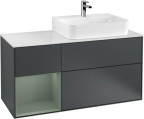 Villeroy & Boch Finion Waschtischunterschrank mit Abdeckplatte in Weiß und Regal links in Mattblau, Breite: 120 cm - Bild 1