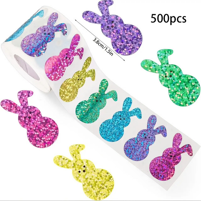 500 Stück Osterhasen-Aufkleber in Regenbogen-Glitzer-Optik, bunte Frühlings-Party-Etiketten aus Papier, Beige und Multicolour - Bild 1