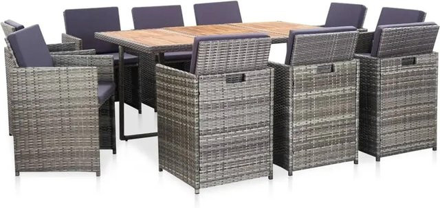 vidaXL 11-teilige Garten-Essgruppe aus Poly Rattan und Akazienholz in Grau mit wetterfesten Auflagen - Bild 1