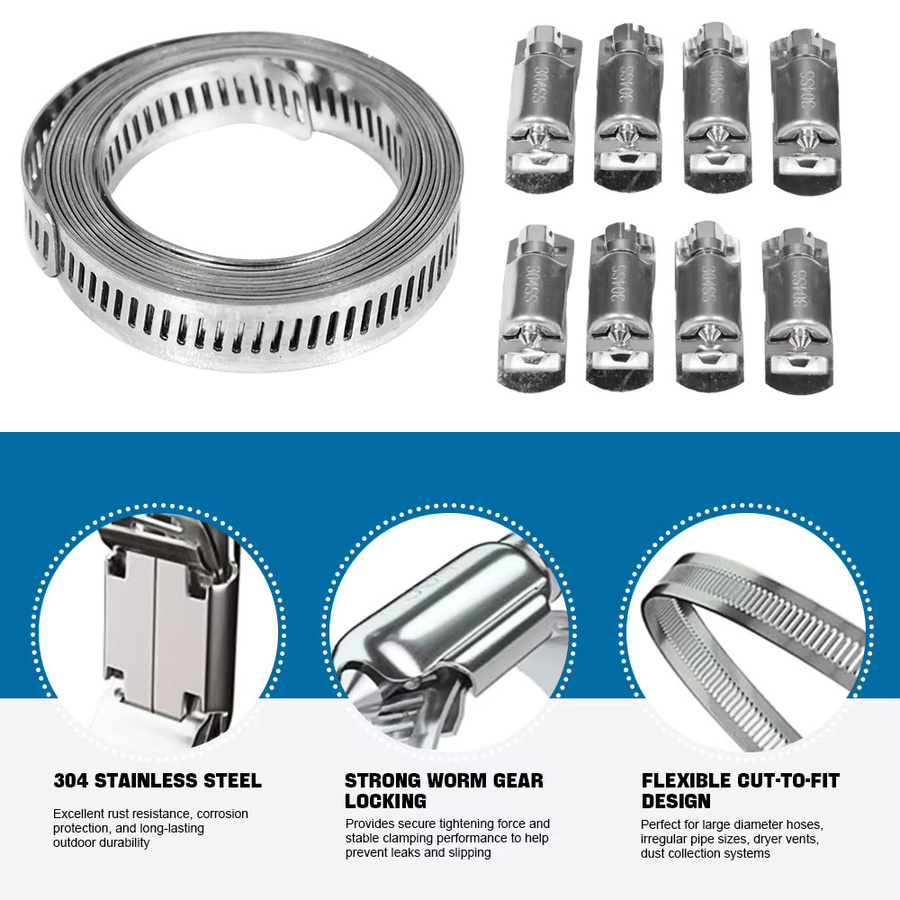 NINDEJIN Schneckengetriebe-Rohrschellen-Sortiment-Kit aus 304 Edelstahl in Silber, 30 Fuß verstellbarer Metallriemen mit 30 Befestigungselementen - Bild 3