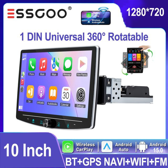 ESSGOO Universal Autoradio 1 DIN mit Android 15, 10 Zoll drehbarem 360° Touchscreen, 64GB, Schwarz, mit Apple CarPlay, Android Auto, GPS, WiFi, Bluetooth und Lenkradfernbedienung - Bild 1
