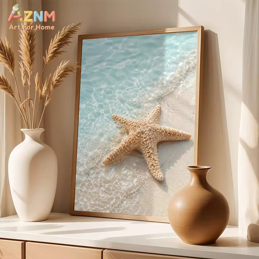 AZNM Leinwand-Wandkunst Tropischer Strand mit Palme und Seestern in Mehrfarben - Bild 2