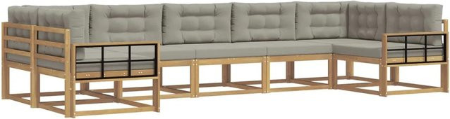 vidaXL Outdoor-Sofagarnitur in L-Form mit 7 Kissen aus Akazienholz in Weiß und Grau - Bild 1