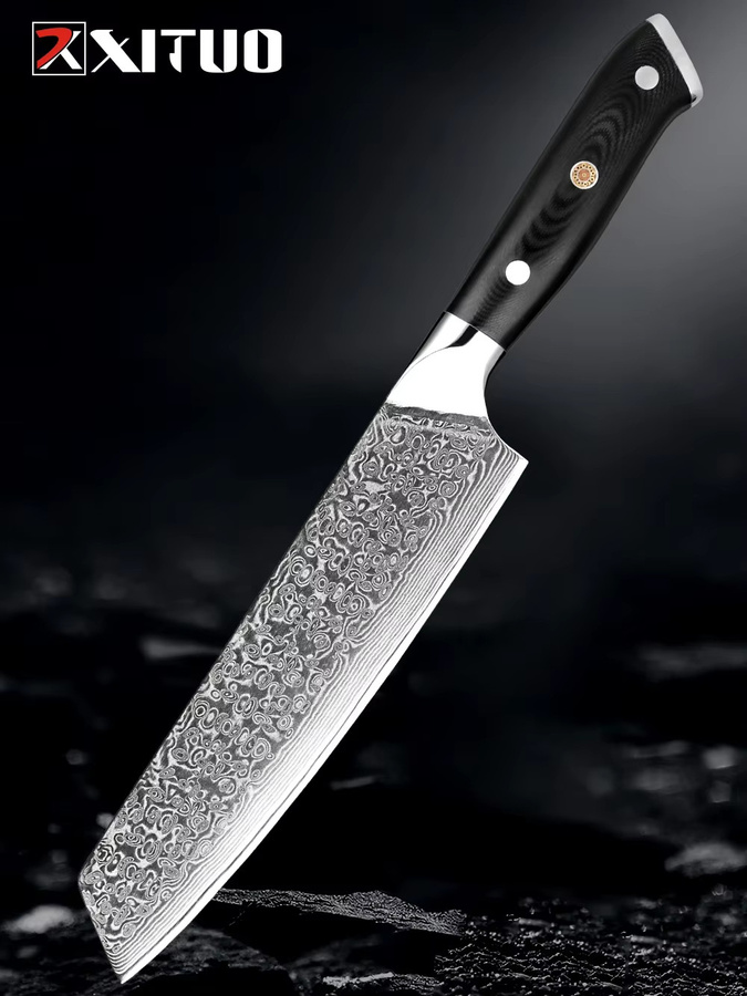 Xituo Kiritsuke Kochmesser aus 67-lagigem Damaststahl mit schwarzem G10-Griff, Länge: 20,32 cm - Bild 7
