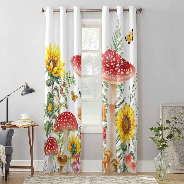 Semi-transparente Vorhänge mit Pilz, Farn, Schmetterling und Sonnenblume in Grau, B: 135 cm, H: 60 cm - Bild 1
