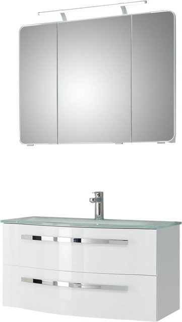 Pelipal Badmöbel-Set Serie 4005 in Polarweiß, 3-teilig bestehend aus Waschbeckenunterschrank, Glaswaschtisch und Spiegelschrank mit LED-Beleuchtung und Breite: 92 cm - Bild 1
