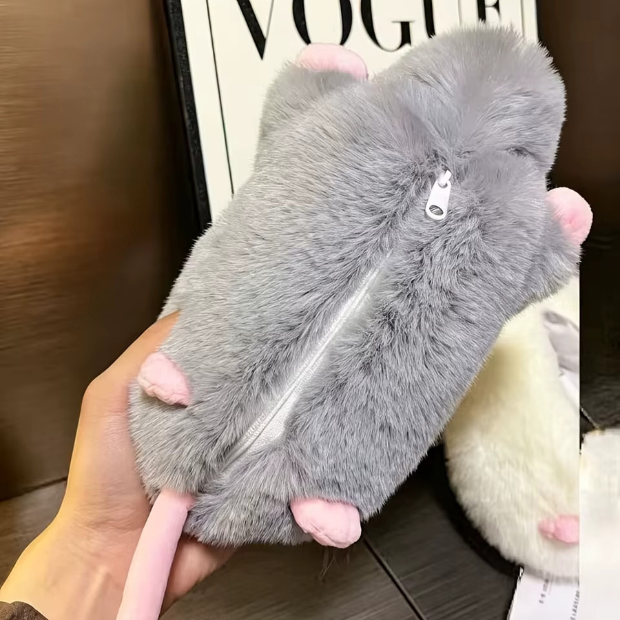Niedrige Plüsch-Maus-Kosmetiktasche in Mehrfarbig und Grau als weiche Aufbewahrungstasche für Make-up, Stifte und Bürobedarf - Bild 3