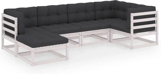 vidaXL 6-teiliges Garten-Lounge-Set aus massivem Kiefernholz in L-Form mit Kissen in Weiß und Anthrazit - Bild 1