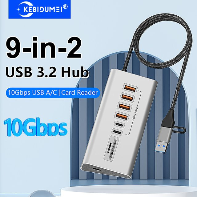 kebidumei 9-in-2 USB 3.2 Hub mit 10 Gbit/s Datenübertragung und Kartenleser aus Aluminiumlegierung in Silber für PC, Laptop und MacBook - Bild 1