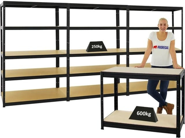 PROREGAL Set aus 3x Schwerlastregal Big Elephant M und 1x höhenverstellbarer Werkbank Slim Dino, Schwarz, H x B x T: 180 x 120 x 60 cm und H x B x T: 90 x 120 x 60 cm - Bild 1
