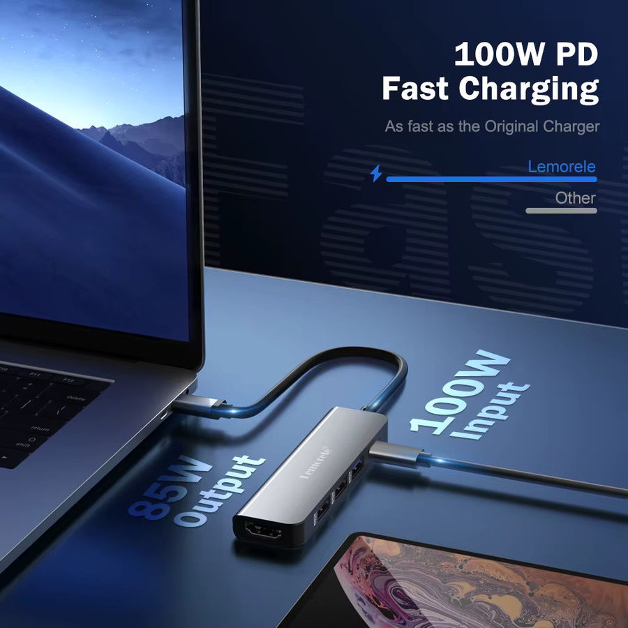 Lemorele TC101 5-in-1 USB C Hub Dockingstation mit 4K HDMI, 100W PD und USB 3.0 aus Aluminium für MacBook, Dell, HP und Lenovo - Bild 2