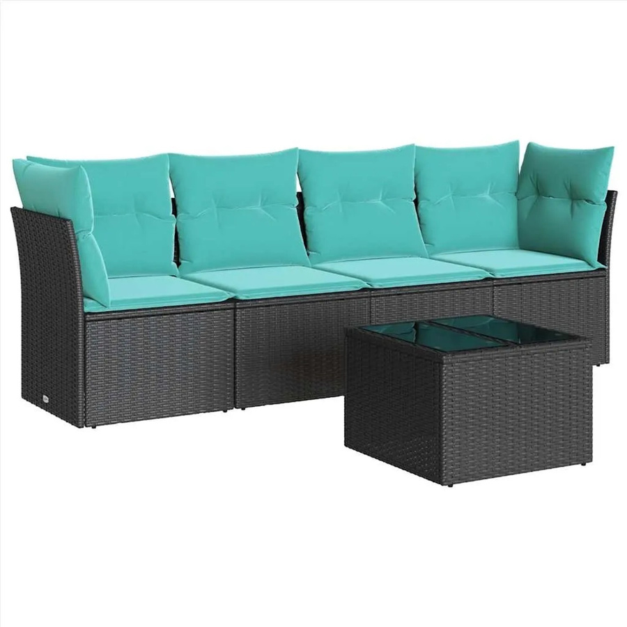vidaXL 5-teilige Garten-Sofagarnitur in L-Form aus Poly-Rattan mit Kissen und Tisch in Schwarz-Blau - Bild 1