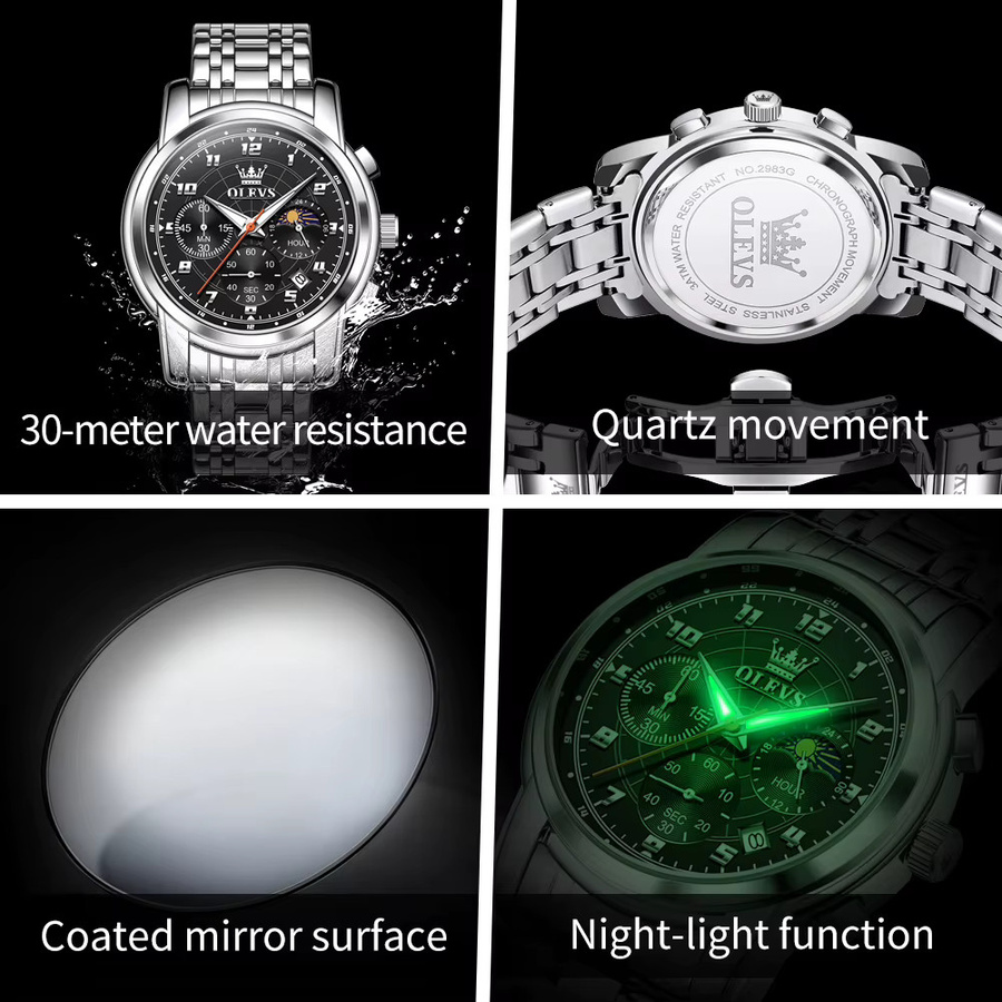 OLEVS Armbanduhr Quarz, Edelstahl, Schwarz, Mondphase, Herren - Bild 4