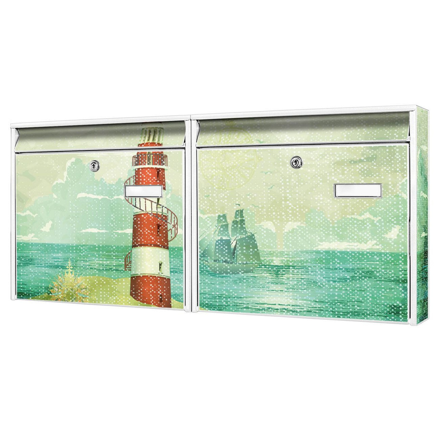 banjado Doppelbriefkastenanlage Burg Wächter mit Leuchtturm Motiv in Weiß, flexibel erweiterbar, Modell A8 - Bild 1