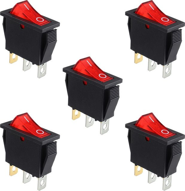 AOKIN Wippschalter KCD3 Set, 5 Stück, beleuchtet mit rotem Licht, 3-polig, 3 Positionen, EIN/Aus, SPST, AC 250 V/15 A, 125 V/20 A, Schwarz/Rot - Bild 1