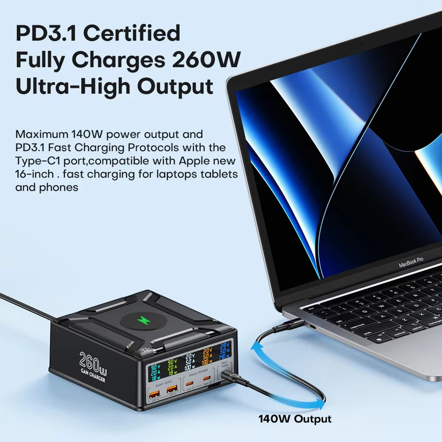 ASOMETECH 260 W GaN USB C Schnellladegerät mit PD3.1 und QC3.0 in Schwarz - Bild 5