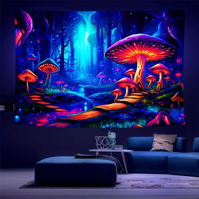 VIKAMA Neon Pilz Wald Wandteppich mit psychedelischem Blumenmuster in Multicolour, B/H: 60 x 40 cm - Bild 1