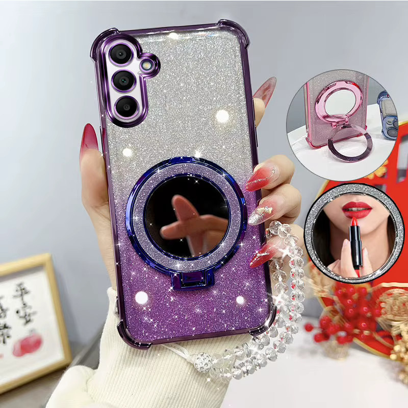 Stoßfeste Samsung Galaxy A25 5G Handyhülle mit Glitzer-Design, Spiegelständer und Perlenarmband in Pink - Bild 1