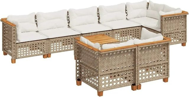 vidaXL 9-tlg. Garten-Sofagarnitur aus Poly-Rattan und Akazienholz in Beige mit Kissen - Bild 1