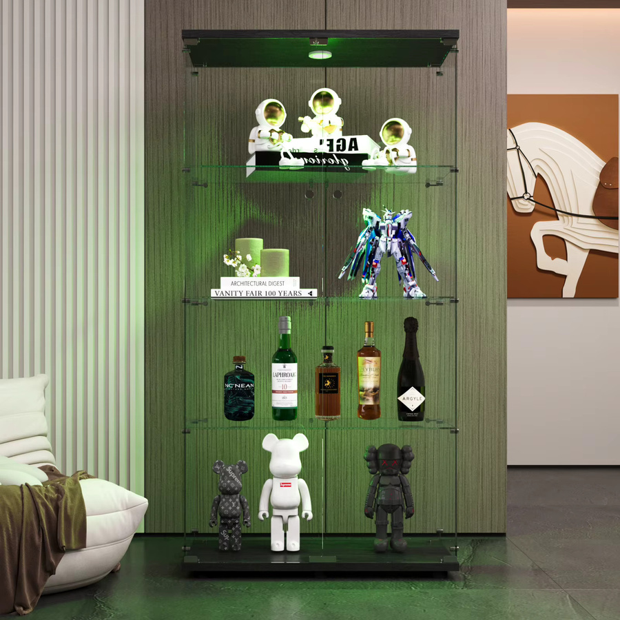 Superaly 4-Schicht-Glasschrank in Schwarz, transparente Standvitrine mit Doppeltüren für Wohnzimmer und Büro - Bild 2