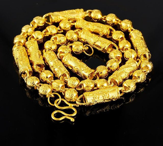 Halskette Herren, Sandgold, 8mm Kugelperlen, Drachenmuster, imitations vergoldet 24K Gold - Bild 1