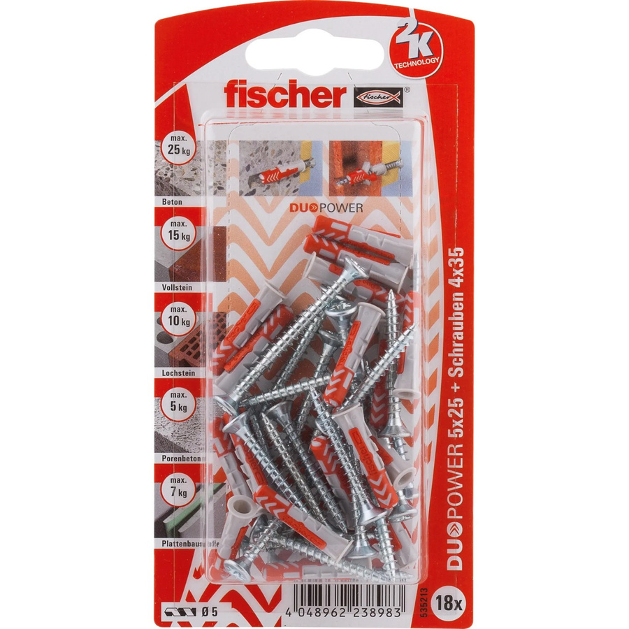 Fischer DuoPower Dübel mit Schraube, Durchmesser: 5 mm, Länge: 25 mm, 18 Stück, Farben: Grau und Rot - Bild 2