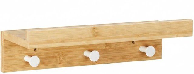 Relaxdays Wandregal aus Bambus Natur mit 3er Hakenleiste aus Eisen, B/T/H: 36 x 10 x 12 cm - Bild 1
