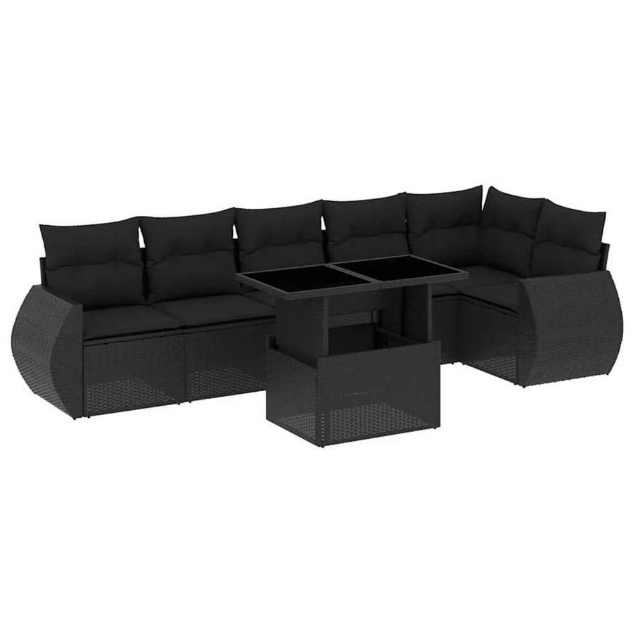 vidaXL 7-teilige Garten-Sofagarnitur in L-Form aus schwarzem Poly-Rattan mit Kissen und pulverbeschichtetem Stahlgestell - Bild 2