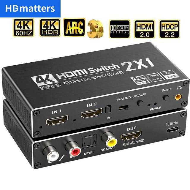 HDMI 2.0 Audio Extraktor mit 2 HDMI Ports für PS5, 4K 60Hz und 5.1 Kanal, inklusive Toslink Stereo und HDCP 2.0, Schwarz - Bild 1