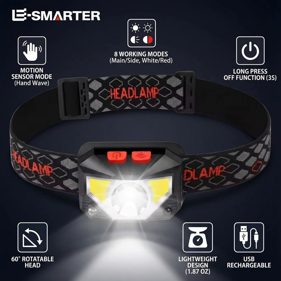 ESMARTER Wiederaufladbarer LED-Scheinwerfer mit Bewegungssensor, COB- und LED-Perlen, 8 Beleuchtungsmodi in Weiß und Rot - Bild 2