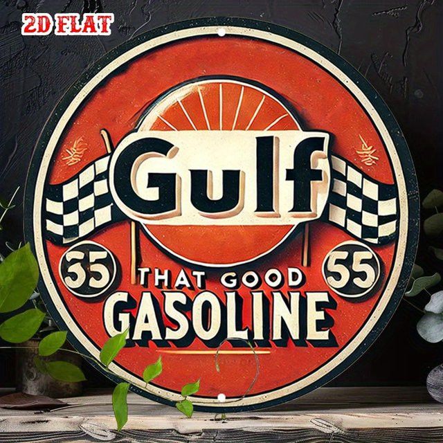 Vintage Gulf 55 Benzin Metallschild aus Aluminium mit kariertem Flaggen-Design, rund, Multicolor, Durchmesser: 20 cm - Bild 1