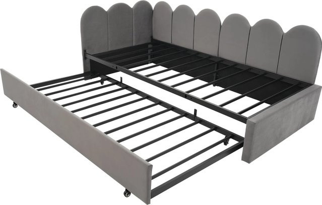 KOMHTOM Polsterbett als Tagesbett und Schlafsofa mit Ausziehbett und Lattenrost, Samt Grau, B/T/H: 200 x 90 x 76 cm mit Auszug 190 x 90 cm - Bild 1