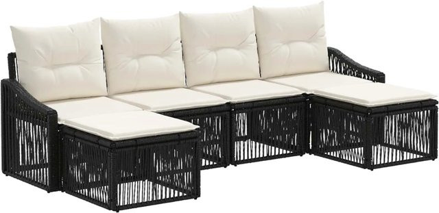 vidaXL Gartensofa-Set 6-teilig aus Poly-Rattan in Schwarz mit Polstern und Ottoman für Terrasse und Garten - Bild 1