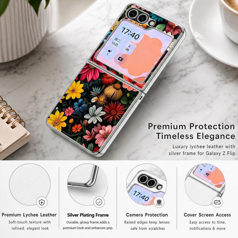 Luxus Handyhülle mit Blumenmuster für Samsung Galaxy Z Flip 7, 6, 5 in Weiß aus PC und PU Leder - Bild 4
