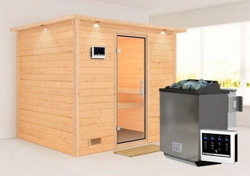 Karibu Paldiski Bio-Kombi-Sauna aus Fichtenholz für 4 Personen inklusive 9 kW Saunaofen mit externer Steuerung, beige, B/T/H: 264 x 198 x 212 cm - Bild 1