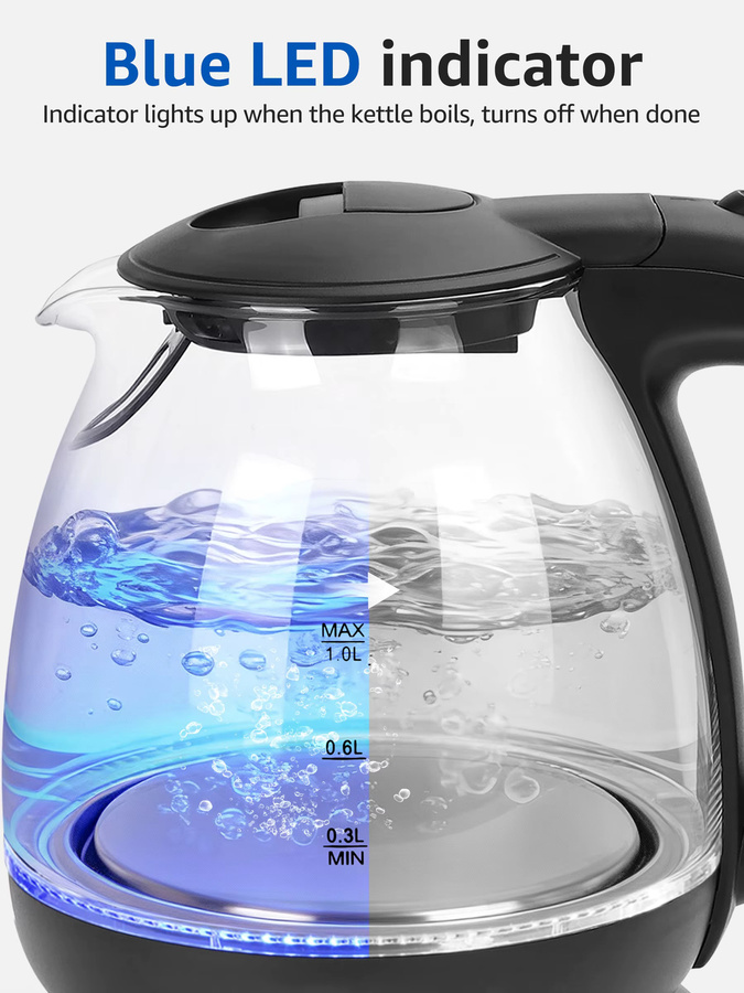 Aigostar Elfin Mini-Wasserkocher aus Borosilikatglas mit LED-Beleuchtung, 2200 W, 1 l, Schwarz - Bild 4