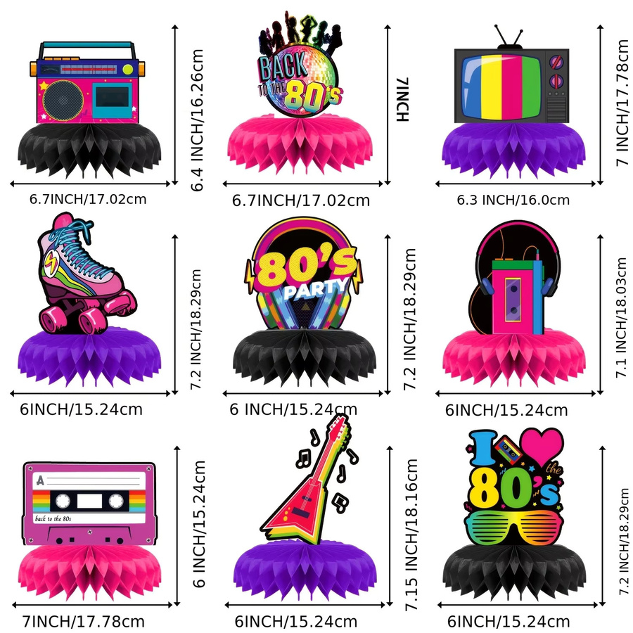OURFETE Retro-Party-Tischdekoration im 80er-Jahre-Design mit Boombox, Rollschuh und Kassetten, Mehrfarbig, aus Papier - Bild 2