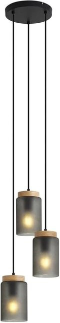 QAZQA Moderne Hängelampe Umbra in Schwarz mit Holz und mattgrauem Glas, 3-flammig - Bild 1