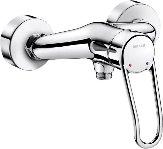 Delabie Brause-Einhebelmischer aus Messing in Chrom, wandmontierte Duscharmatur mit Bügelgriff und wassersparender Funktion - Bild 1