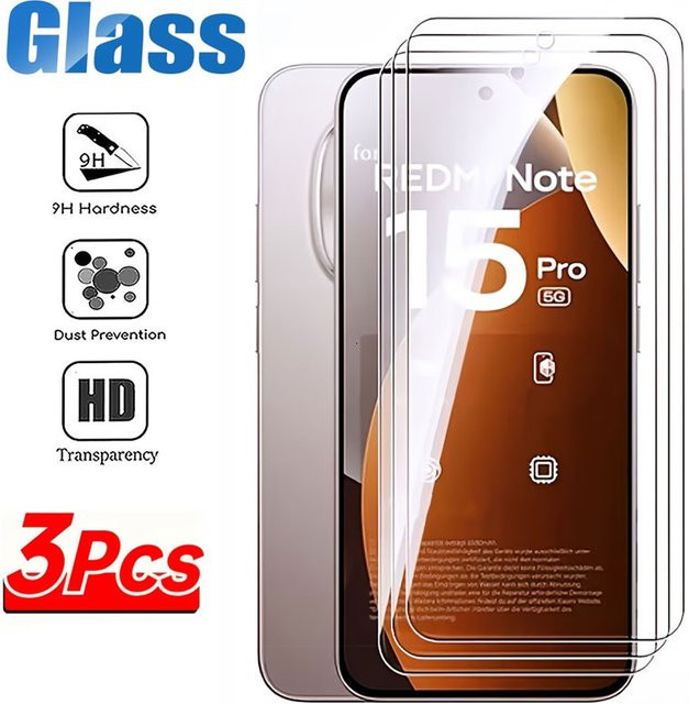 3er-Set Displayschutzfolie aus gehärtetem Glas für Xiaomi Redmi Note 15 Pro 5G, Note 14, 14S, 13, 12, 11 Pro Plus sowie Note 12S, 11S und 10S, transparent - Bild 1
