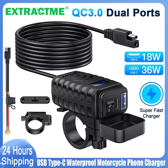 Extractme Motorrad USB Schnellladegerät in Schwarz mit Typ C QC3.0 Steckdose, Voltmeter und Schalter, wasserdicht - Bild 1