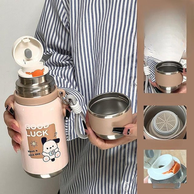 Yiran Furniture Thermoskanne als Studententasse mit niedlichem Cartoon-Hund aus Edelstahl, 500ml, Farben: Pink, Blau, Beige - Bild 1