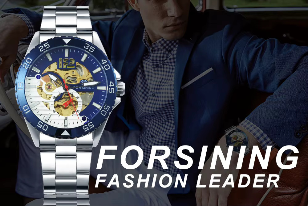 Forsining Armbanduhr, Automatik, blaue Lünette, Edelstahl, Herren - Bild 5