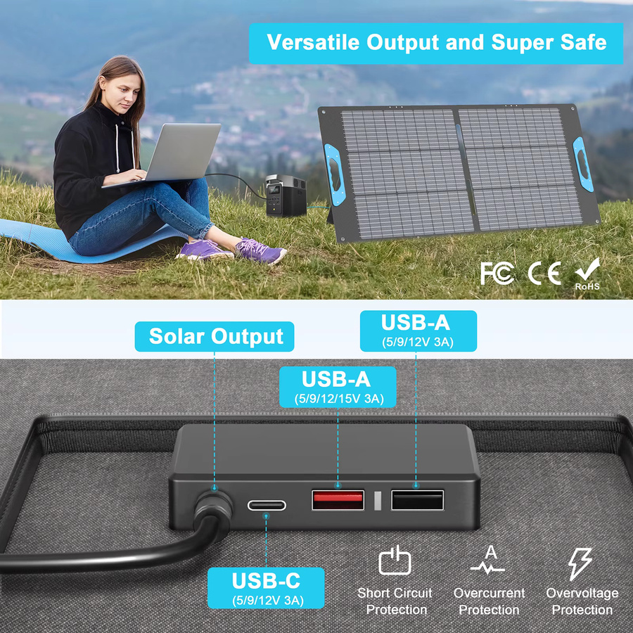 E-POWO Tragbares faltbares Solarpanel IP67 wasserdichtes Solarladegerät für Powerstation und Wohnmobil in Schwarz - Bild 4
