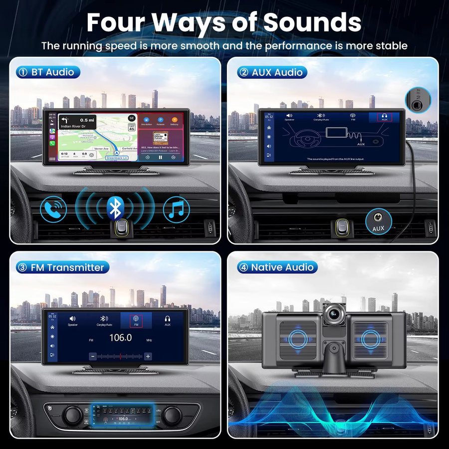 srnubi Kabelloser CarPlay Bildschirm für das Auto mit 4K Dash Cam, 5G WiFi, Android Auto, Dual Lens und GPS-Navigation, Schwarz, 7/10,26 Zoll - Bild 4
