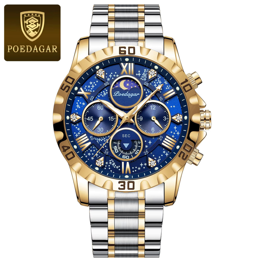 POEDAGAR Chronograph, Quarz, Edelstahl, Blau, Herren - Bild 7